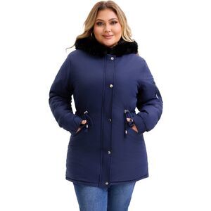 Plus Size Parka Fur Hood Fleece Lined Winter Coat with Pockets Navy Blue